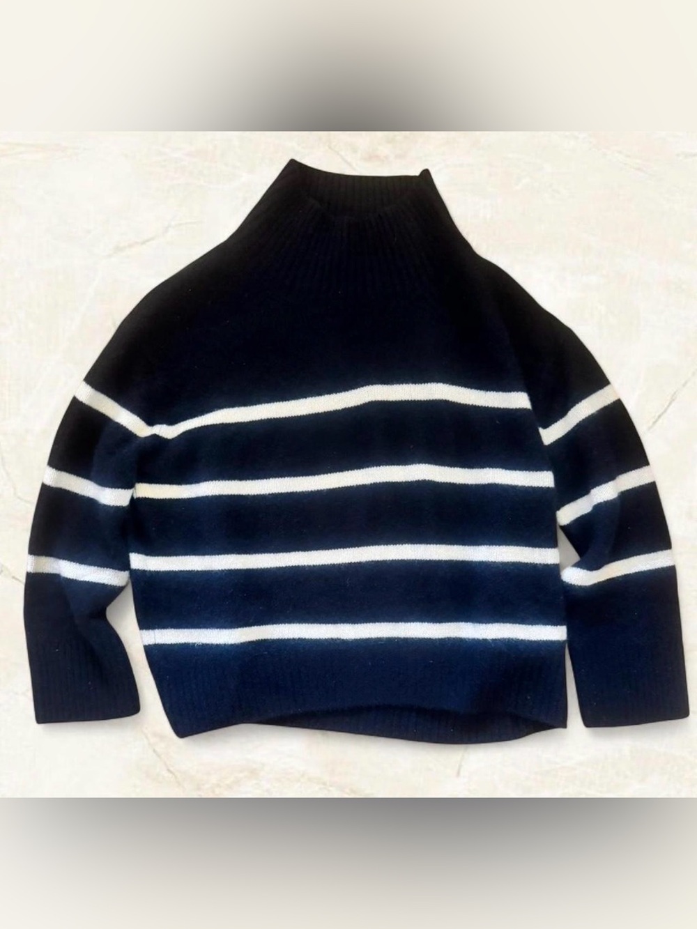 Black & Ivory striped 💯 cashmere classic mock neck sweater Size preppy